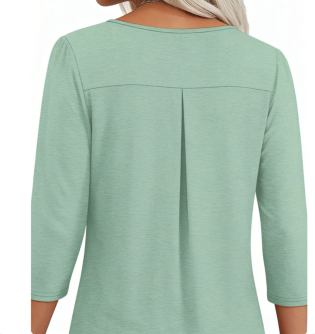 Women's Light Green 3/4 Sleeve Pleated Tunic Top with Curved Hem