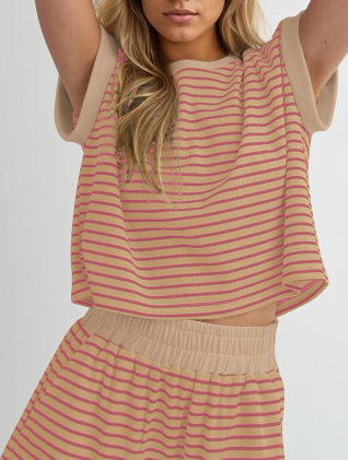 Women Summer 2 Piece Lounge Sets Striped Short Sleeve Tee Shirts Mini Shorts Loungewear Shorts Set Ribbed Pajama Set