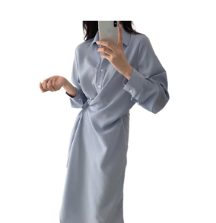 Light Blue Collared Long Sleeve Wrap Shirt Midi Dress with Side Ruched Waist