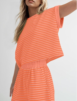 Women Summer 2 Piece Lounge Sets Striped Short Sleeve Tee Shirts Mini Shorts Loungewear Shorts Set Ribbed Pajama Set