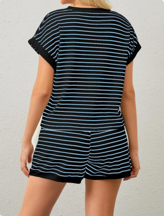 Women Summer 2 Piece Lounge Sets Striped Short Sleeve Tee Shirts Mini Shorts Loungewear Shorts Set Ribbed Pajama Set