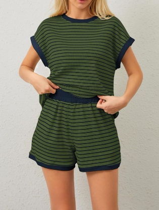 Women Summer 2 Piece Lounge Sets Striped Short Sleeve Tee Shirts Mini Shorts Loungewear Shorts Set Ribbed Pajama Set