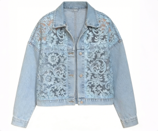 Vintage Light Wash Denim Jacket with Sheer Lace Embroidery