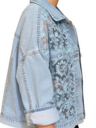 Vintage Light Wash Denim Jacket with Sheer Lace Embroidery