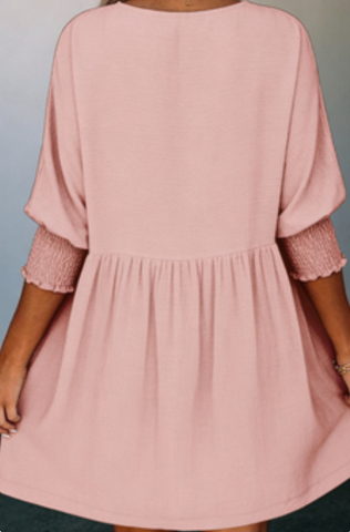 Women's Blush Pink Smocked Sleeve Babydoll Dress Summer Casual Loose Fit Tunic Dress