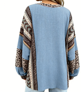 Bohemian Patchwork Ribbed Knit Blouse with Leopard & Paisley Accents