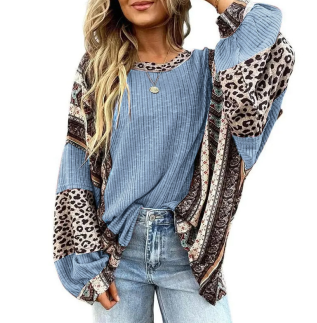 Bohemian Patchwork Ribbed Knit Blouse with Leopard & Paisley Accents
