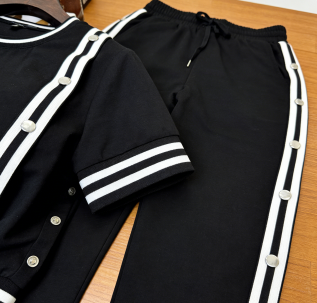 Ladies' Round Neck Patchwork Striped Top+buckle Side Slit Casual Set