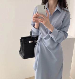 Light Blue Collared Long Sleeve Wrap Shirt Midi Dress with Side Ruched Waist