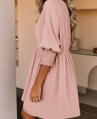Women's Blush Pink Smocked Sleeve Babydoll Dress Summer Casual Loose Fit Tunic Dress
