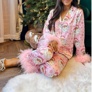 Kris Kringle Santa Pajamas, Santa Claus Printed Pajamas, Women Feather Trim Sleeve Pajama Set Button Down Sleepwear