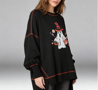 Plus Size Black Sequins Low High Design Cotton Sweatshirt Fall
