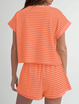 Women Summer 2 Piece Lounge Sets Striped Short Sleeve Tee Shirts Mini Shorts Loungewear Shorts Set Ribbed Pajama Set