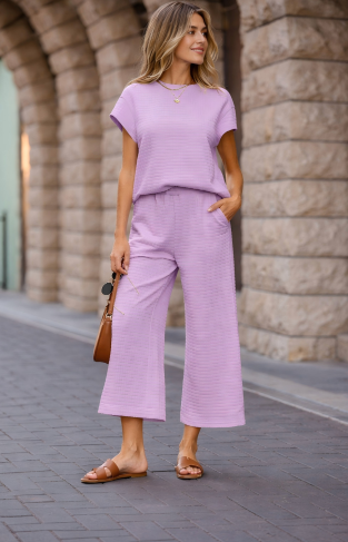 Two Piece Lavender Textured Top Pant Set