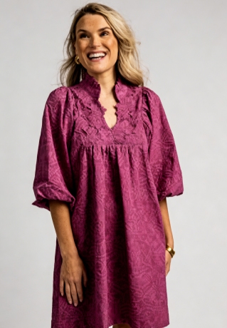 Purple Embroidered Long Sleeve Dress