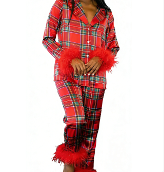 Kris Kringle Santa Pajamas, Santa Claus Printed Pajamas, Women Feather Trim Sleeve Pajama Set Button Down Sleepwear
