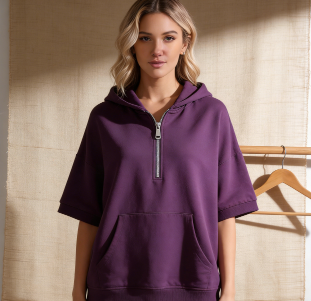 Womens Oversized Half Zip Hoodies Short Sleeve Casual Sweatshirts Pullover Tops with Pockets Fashion Loose Fit Shirts