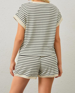 Women Summer 2 Piece Lounge Sets Striped Short Sleeve Tee Shirts Mini Shorts Loungewear Shorts Set Ribbed Pajama Set