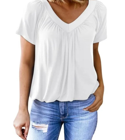 Women's White V Neck Pleated Blouse Casual Ruffle Short Sleeve Loose Chiffon Top