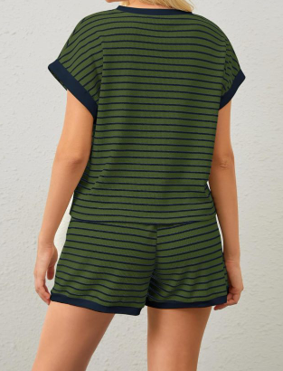Women Summer 2 Piece Lounge Sets Striped Short Sleeve Tee Shirts Mini Shorts Loungewear Shorts Set Ribbed Pajama Set