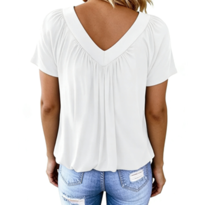 Women's White V Neck Pleated Blouse Casual Ruffle Short Sleeve Loose Chiffon Top