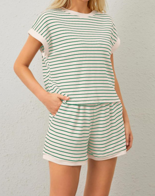 Women Summer 2 Piece Lounge Sets Striped Short Sleeve Tee Shirts Mini Shorts Loungewear Shorts Set Ribbed Pajama Set