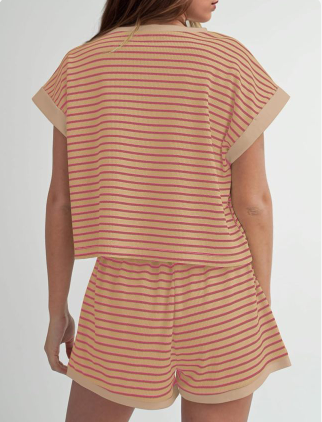 Women Summer 2 Piece Lounge Sets Striped Short Sleeve Tee Shirts Mini Shorts Loungewear Shorts Set Ribbed Pajama Set