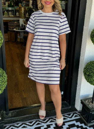 French Casual Striped T-shirt Dress for Women Summer Loose Slimming Lazy Straight Dress