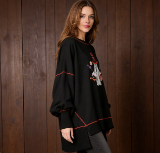 Plus Size Black Sequins Low High Design Cotton Sweatshirt Fall