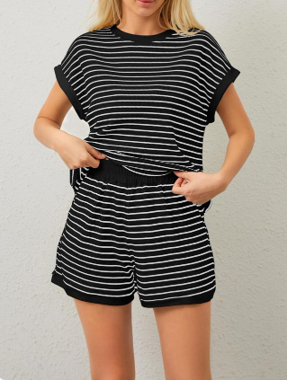 Women Summer 2 Piece Lounge Sets Striped Short Sleeve Tee Shirts Mini Shorts Loungewear Shorts Set Ribbed Pajama Set