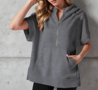 Womens Oversized Half Zip Hoodies Short Sleeve Casual Sweatshirts Pullover Tops with Pockets Fashion Loose Fit Shirts