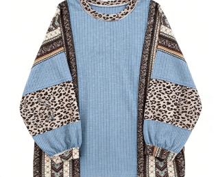 Bohemian Patchwork Ribbed Knit Blouse with Leopard & Paisley Accents