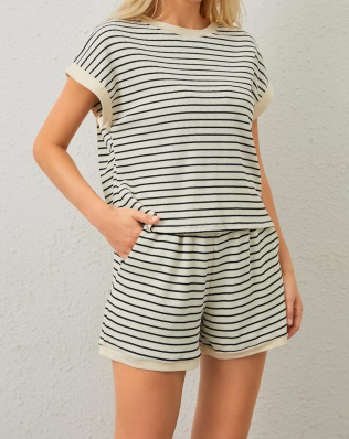 Women Summer 2 Piece Lounge Sets Striped Short Sleeve Tee Shirts Mini Shorts Loungewear Shorts Set Ribbed Pajama Set