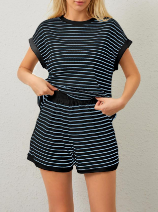 Women Summer 2 Piece Lounge Sets Striped Short Sleeve Tee Shirts Mini Shorts Loungewear Shorts Set Ribbed Pajama Set
