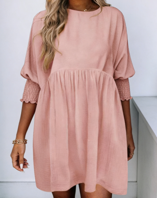 Women's Blush Pink Smocked Sleeve Babydoll Dress Summer Casual Loose Fit Tunic Dress