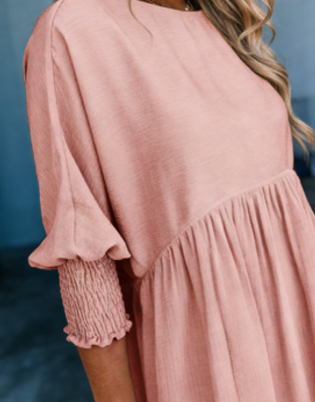 Women's Blush Pink Smocked Sleeve Babydoll Dress Summer Casual Loose Fit Tunic Dress