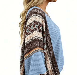 Bohemian Patchwork Ribbed Knit Blouse with Leopard & Paisley Accents
