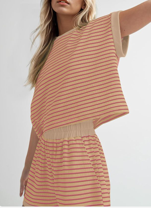 Women Summer 2 Piece Lounge Sets Striped Short Sleeve Tee Shirts Mini Shorts Loungewear Shorts Set Ribbed Pajama Set