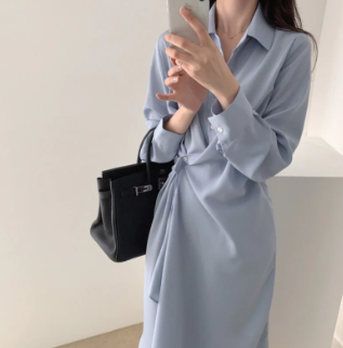 Light Blue Collared Long Sleeve Wrap Shirt Midi Dress with Side Ruched Waist