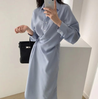 Light Blue Collared Long Sleeve Wrap Shirt Midi Dress with Side Ruched Waist