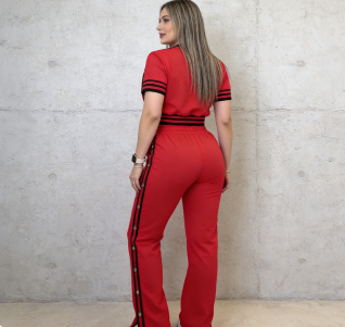 Ladies' Round Neck Patchwork Striped Top+buckle Side Slit Casual Set